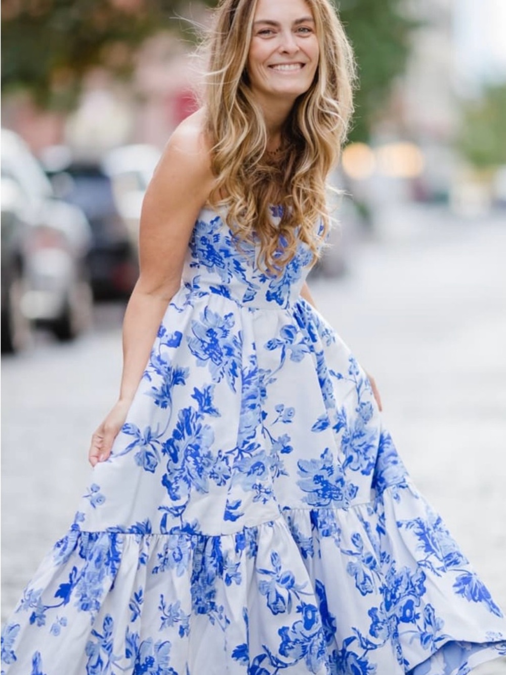 Strapless White Dress with Blue Floral Print - Elegant Summer Maxi